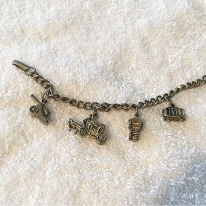 Vintage charm bracelet 1970s canon, stage coach, fort lookout, and train car